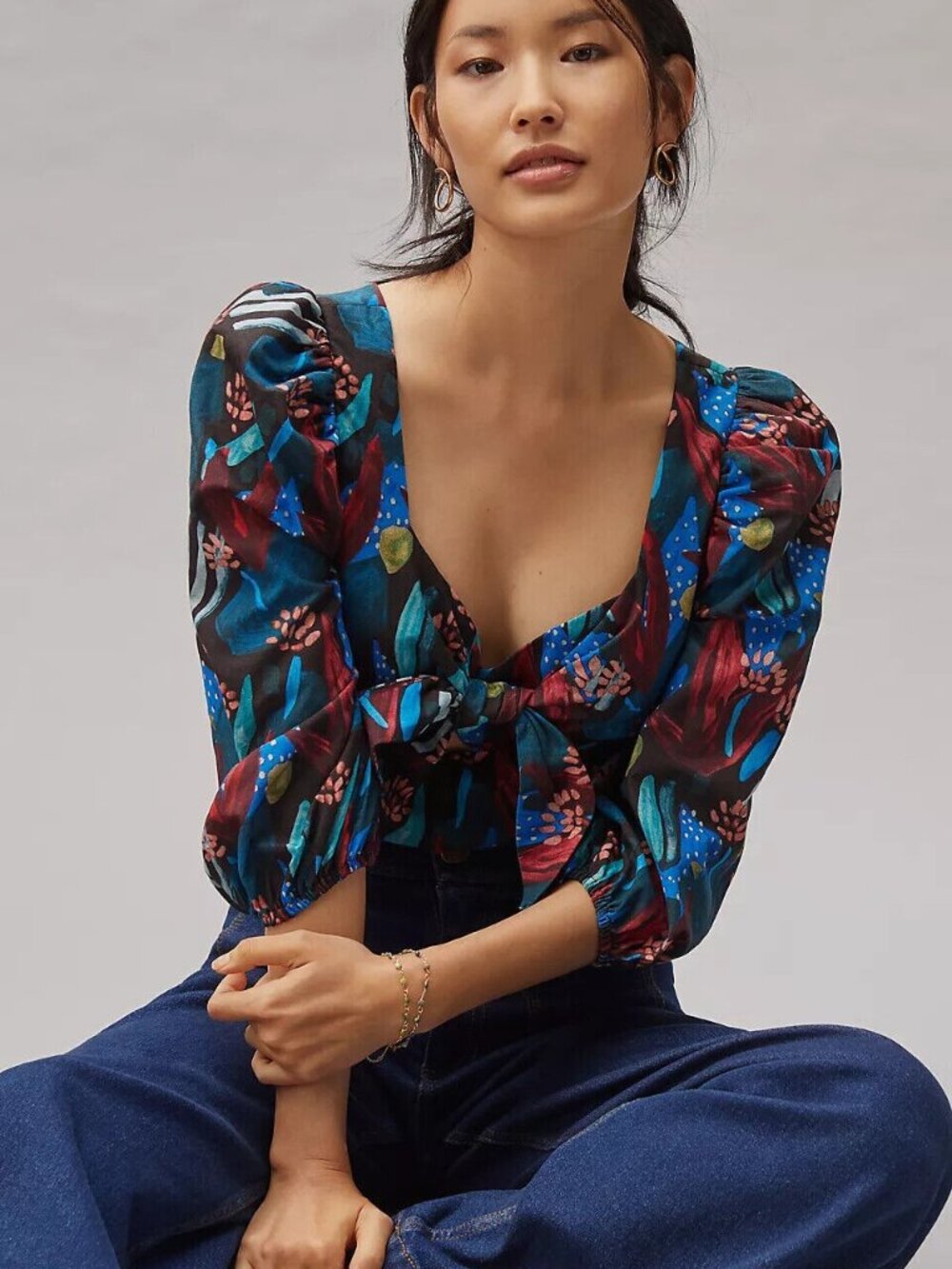 Anthropologie Eva Franco Tropical Sweetheart Blouse Tie Front Midnight Jungle
